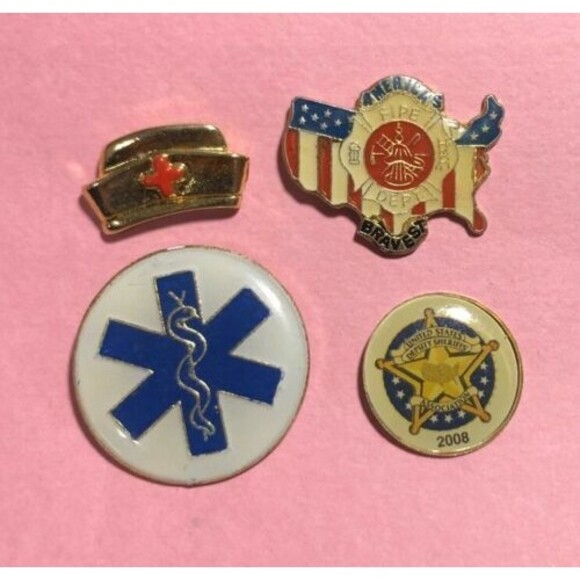 American Heroes 4 Support Pins-Red Cross Nurse, Firefighter,Police & EMT - Picture 1 of 3